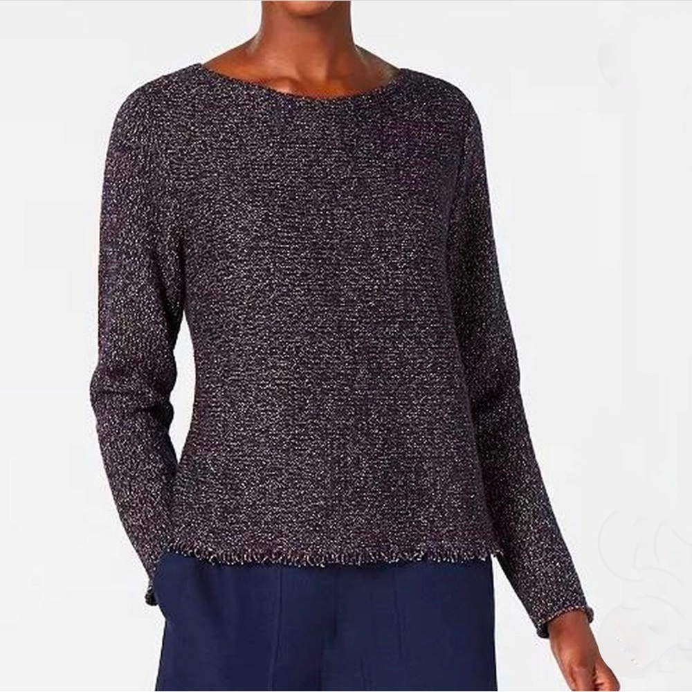 Eileen Fisher Wool Blend Long-Sleeve Fringe-Hem Sweater Medium